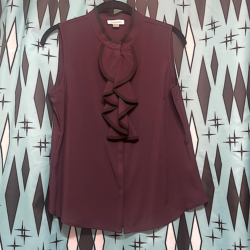 *NWOT*Calvin Klein Sleeveless Ruffle Blouse Eggplant discontinued color-sz med